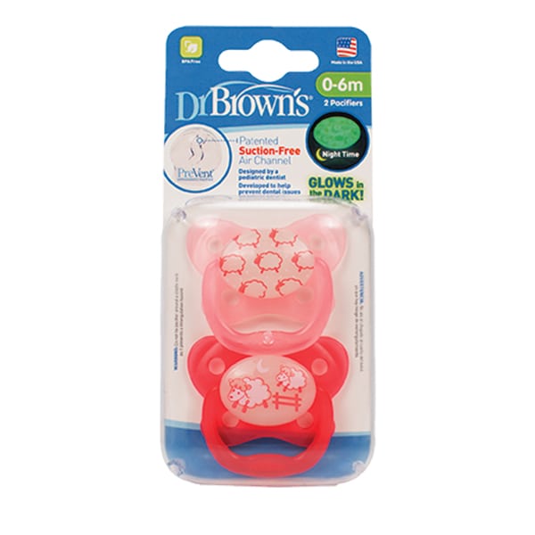 Dr. Brown’s PreVent Contoured Glow-in-the-Dark Soothers 0-6m (PV 12006) 2 copë - Rozë