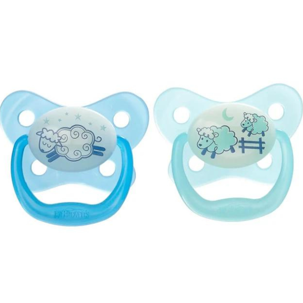 Dr. Brown’s PreVent Contoured Glow-in-the-Dark Soothers 0-6m (PV 12006) 2 copë - Blu e çelët-Blu