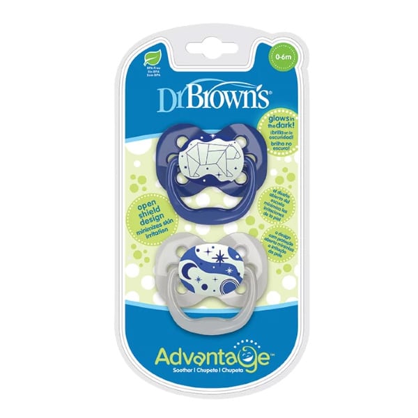 Dr. Brown's Advantage Glow-in-the-Dark Silicone Soother 0-6m 2 copë - Blu-Bardhë