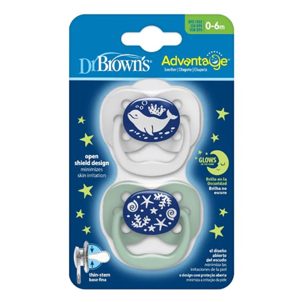 Dr. Brown's Advantage Glow-in-the-Dark Silicone Soother 0-6m 2 copë - E bardhë-Blu e çelët