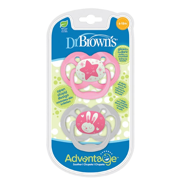 Dr. Brown’s Advantage Glow-in-the-Dark Soothers 6-18m (PA 22003 & PA 22004) 2 copë - Rozë-Bardhë