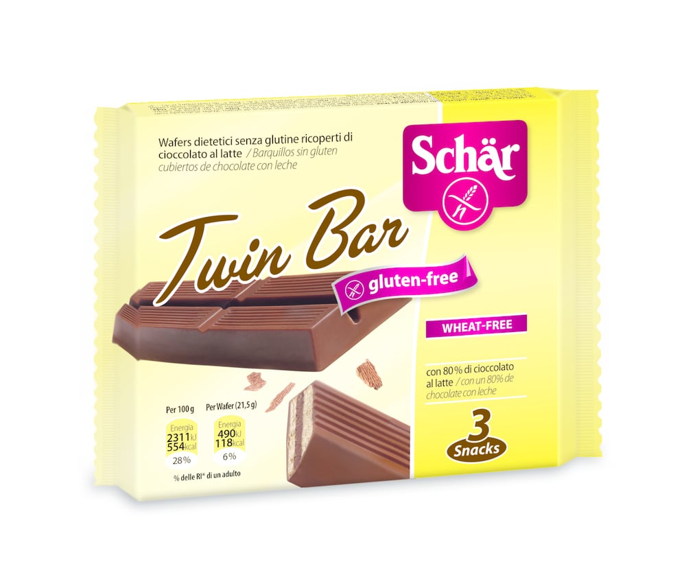 Schar Twinny Shkopinj vaflash pa gluten të mbuluar me çokollatë, 64 5g (3 x 21.5g)