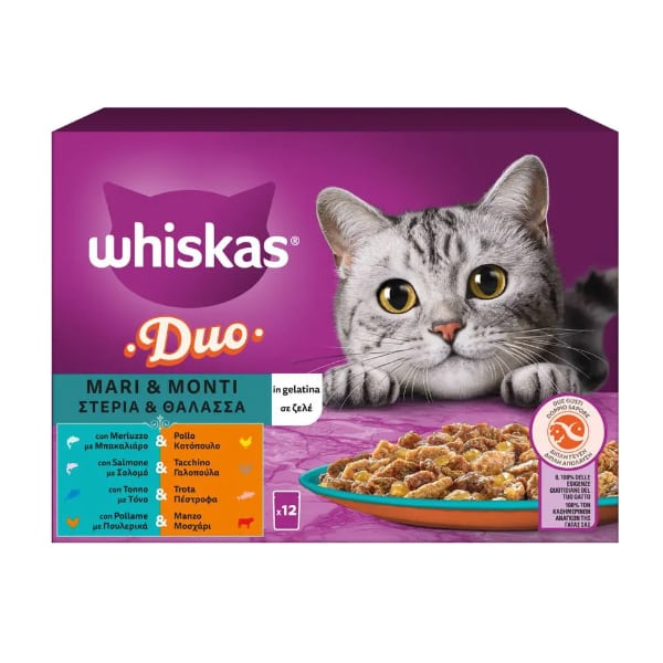 Whiskas Duo Adult Complete Wet Cat Food Land & Sea in Jelly Pouch (Cod & Chicken / Salmon & Turkey / Tuna & Trout / Poultry & Beef) 12x85gr