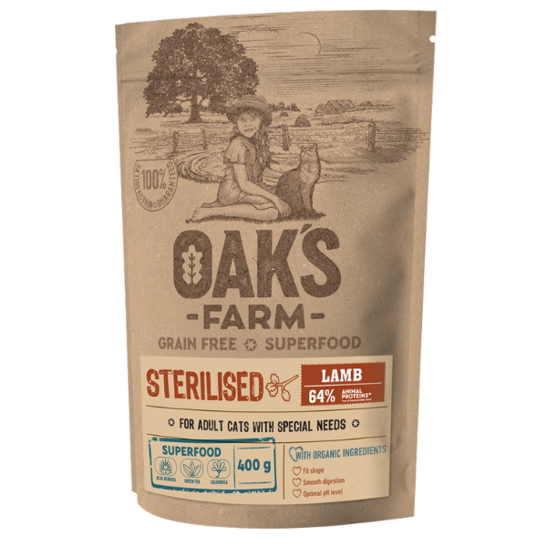 Oak's Farm Grain Free Superfood Cat Adult Sterilised Lamb 400g