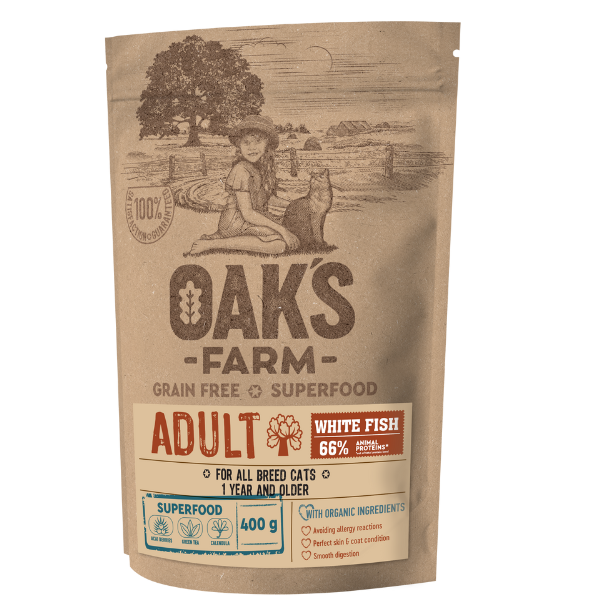 Oak's Farm Grain Free Superfood Adult White Fish for All Breed Cats 1 Year & Older 400g