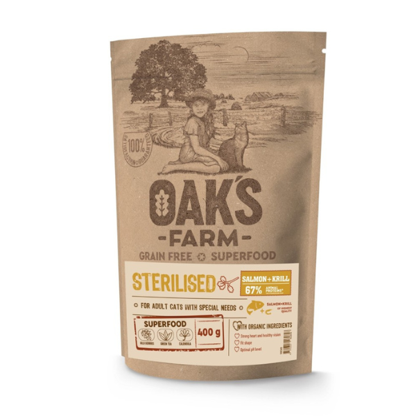 Oak's Farm Grain Free Superfood Sterilised Salmon-Krill for Adult Cats with Special Needs 400g