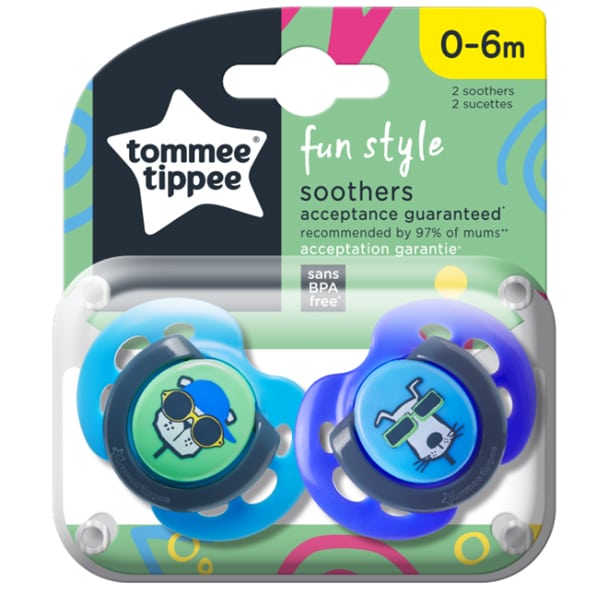 Tommee Tippee Fun Style Soothers 0-6m 2 copë - Blu e çelët-Blu