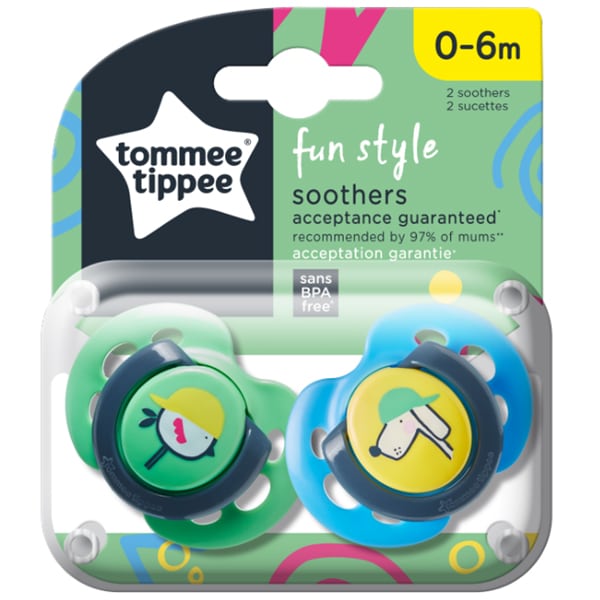 Tommee Tippee Fun Style Soothers 0-6m 2 copë - Blu-Jeshile