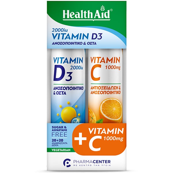 Health Aid Combo Pack Vitamin D3 2000iu, 20tabs & Vitamin C1000mg, 20tabs 1 set