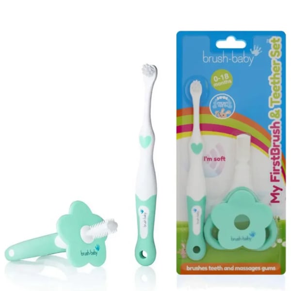 Brush-Baby My FirstBrush & Teether Set with Toothbrush for First Teeth, 1pcs, Silicone Gum Relief Teether, 1pcs 1 set