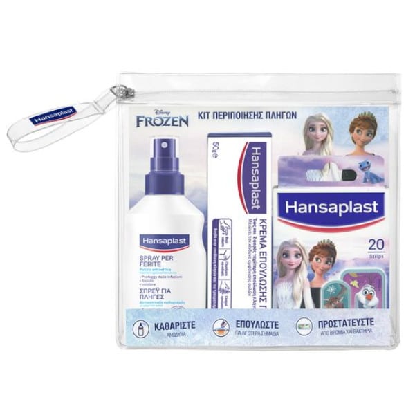 Hansaplast Kit for Wounds Frozen with Wound Cleaning Spray, 1pc, Wound Healing Cream 50g, Frozen Strips, 20pcs & Free Beauty Pouch, 1pc 1 set