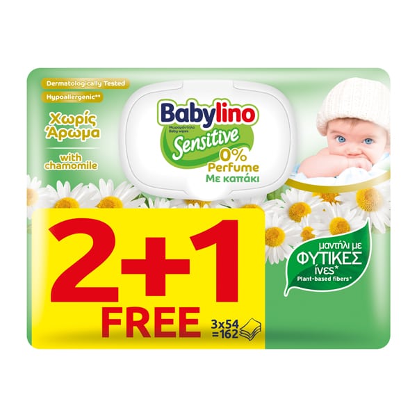 Babylino (2+1 Free) Sensitive Chamomile Baby Wipes 0% Perfume 162 copë (3x54 copë)