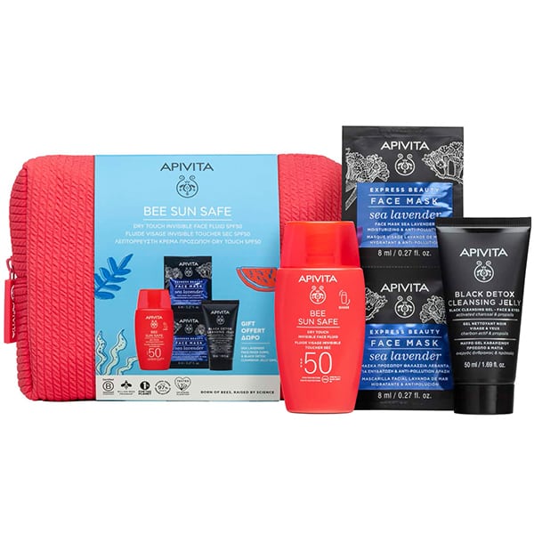 Apivita Promo Bee Sun Safe Dry Touch Invisible Face Fluid SPF50+, 50ml & Black Detox Cleansing Jelly, 50ml & Express Beauty Face Mask Sea Lavender, 2x8ml 1 set