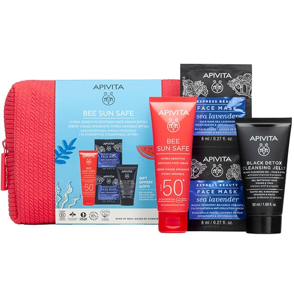 Apivita Promo Bee Sun Safe Hydra Sensitive Soothing Face Cream SPF50+, 50ml & Black Detox Cleansing Jelly, 50ml & Express Beauty Face Mask Sea Lavender, 2x8ml 1 set