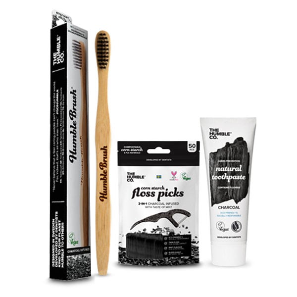 The Humble Co. Promo Pack with Charcoal Toothbrush, 1pc, Charcoal Toothpaste, 75ml, Interdental Brush Charcoal Picks, 50pcs & Free Toothbrush Case, 1pc 1 set