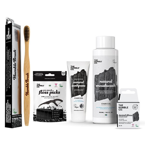 The Humble Co. Promo Pack with Charcoal Toothbrush, 1pc, Charcoal Toothpaste, 75ml, Dental Floss 50m, 1pc, Mouthwash, 500ml & Dental Floss Picks, 50pcs 1 set