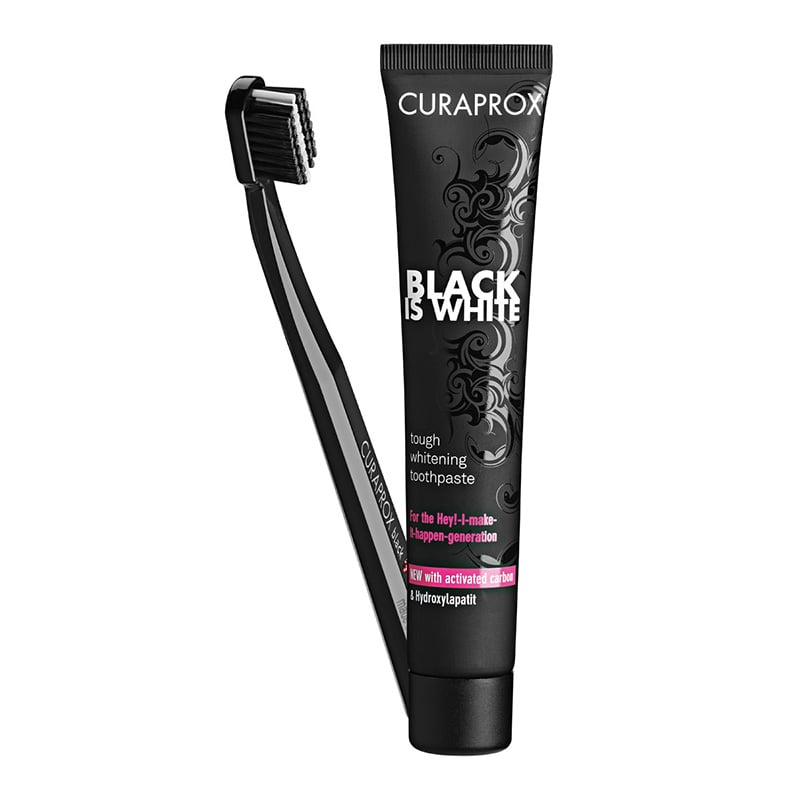 Curaprox Black is White Pack with Black is White Toothbrush, 1pc & Black is White Tough Whitening Toothpaste, 90ml 1 set