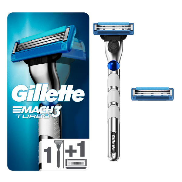 Gillette Mach3 Turbo Men's Razor Handle, 1pc & Razor Blade Refills 2 copë