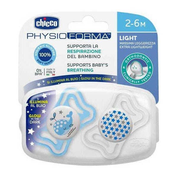 Chicco Physio Forma Light Ergonomic Night Soother Silicone Teat 2-6m 2 copë - Blu e çelët