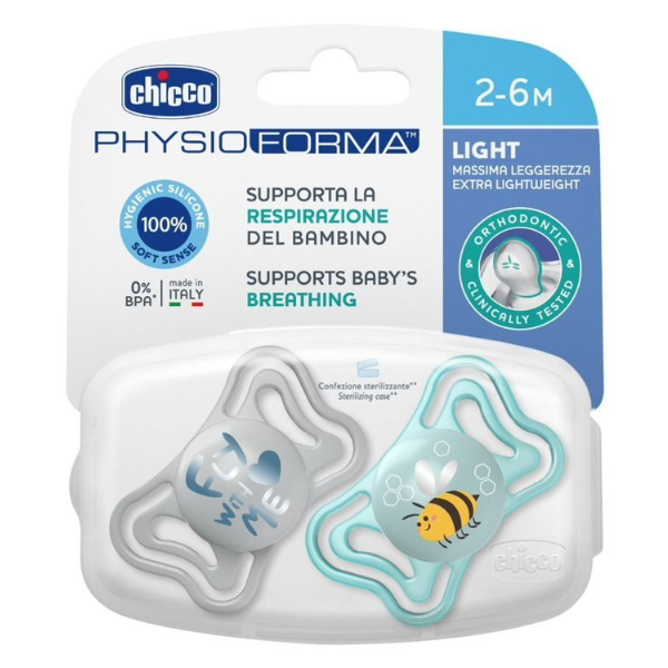 Chicco Physio Forma Light Ergonomic Night Soother Silicone Teat 2-6m 2 copë - Gri-Burkuaz