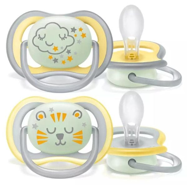 Philips Avent Ultra Air Nighttime Orthodontic Silicone Soother 18m+ (SCF376/01) 2 copë - E verdhë-Gri