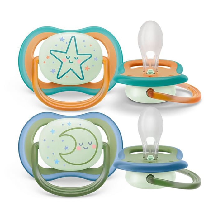 Philips Avent Ultra Air Nighttime Orthodontic Silicone Pacifier 18m+ 2 copë - Jeshile-Portokalli