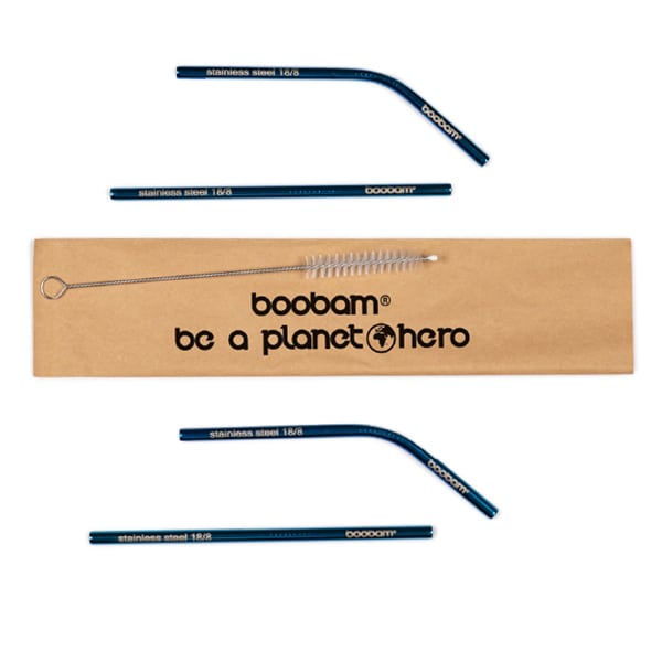 Boobam Straw Short Metal, 4pcs & Brush Cleaner, 1pc 1 set - Blu Titaniumi