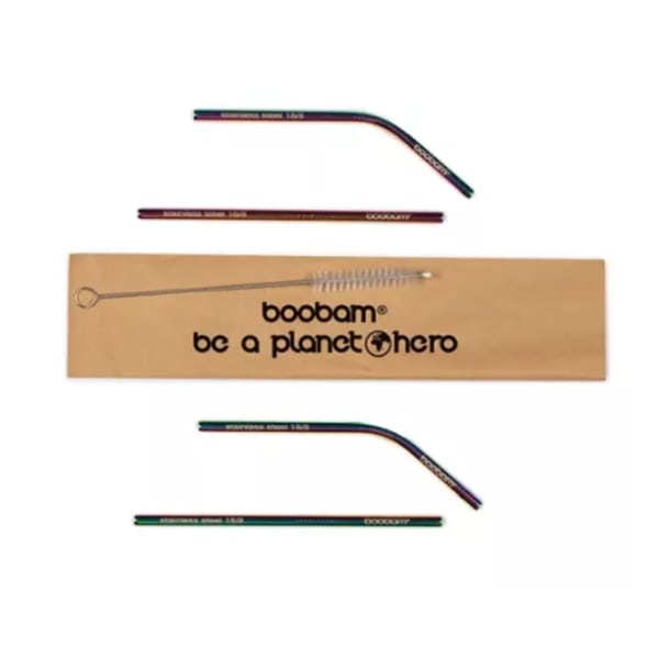 Boobam Straw Short Metal, 4pcs & Brush Cleaner, 1pc 1 set - Titani me ngjyra