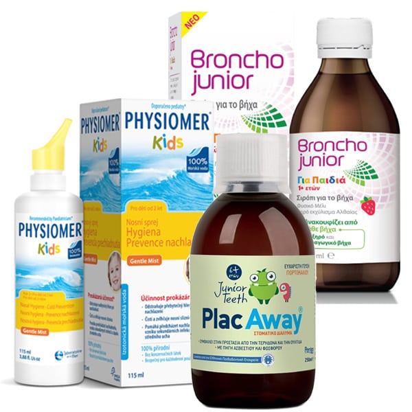 Physiomer Kids Cold Pack with Broncho Junior Cough Syrup, 200ml, Physiomer Kids, 115ml & Plac Away Junior Teeth Mouthwash 250 ml
