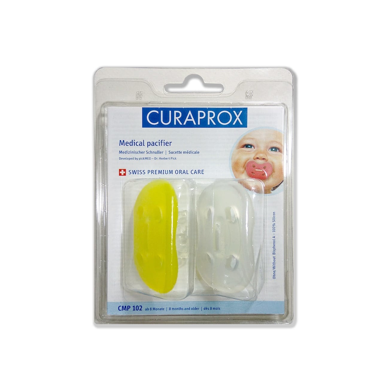 Curaprox CMPH 202 Medical Soother with Clip 8m+ 1 copë - E verdhë