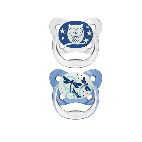 Dr. Brown’s PreVent Contoured Glow-in-the-Dark Soothers 0-6m (PV 12006) 2 copë - Transparente-Blu