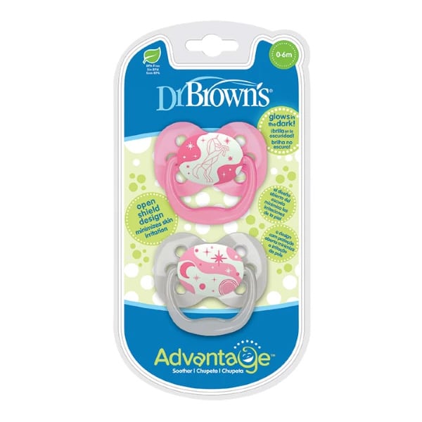 Dr. Brown's Advantage Glow-in-the-Dark Silicone Soother 0-6m  2 copë - Rozë-Bardhë