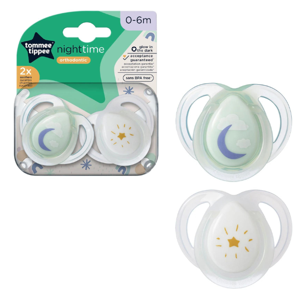 Tommee Tippee Night Time Orthodontic Soothers 0-6m  2 copë - Transparente-Jeshile