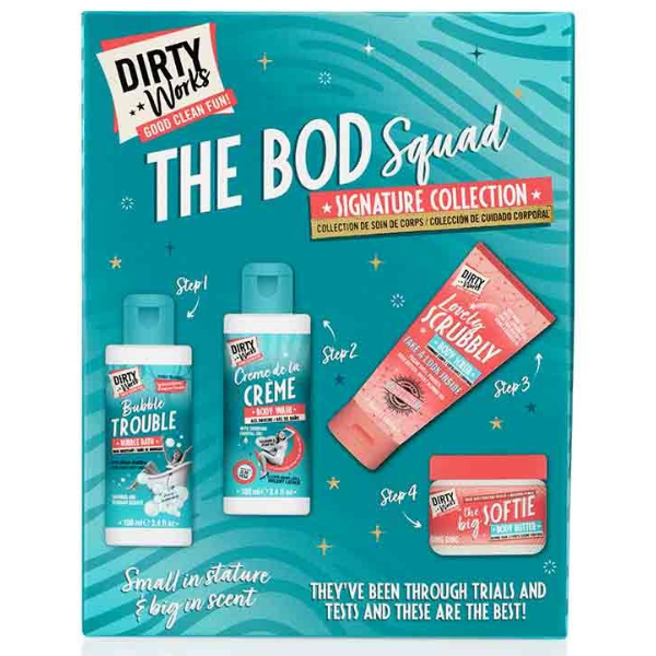 Dirty Works The Bod Squad Signature Collection Set with Bubble Bath, 100ml & Body Wash, 100ml, Body Scrub, 50ml & Body Butter, 50ml  1 set