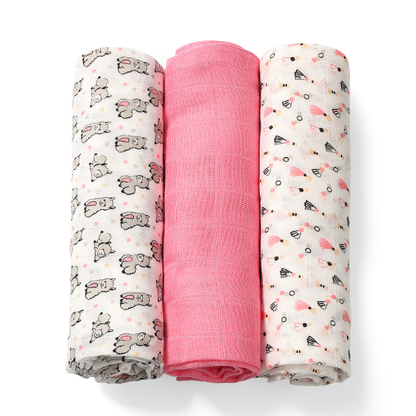 Babyono Set Soft Muslin Diapers from Bamboo & Cotton  3 copë - Rozë