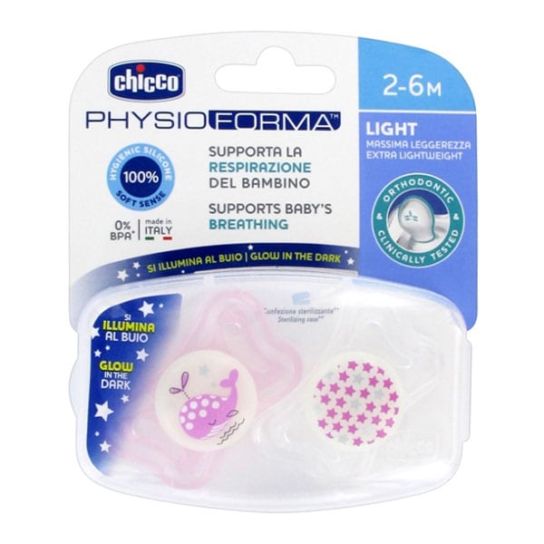 Chicco Physio Forma Light Ergonomic Night Soother Silicone Teat 2-6m  2 copë - Rozë